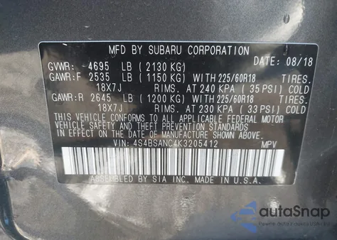 2019 Subaru Outback 2.5I Limited z USA, uszkodzony, nr VIN 4S4BSANC4K3205412